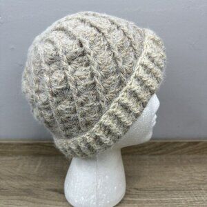 Handmade‎ Crochet Beanie Hat Beige Tan Fuzzy Wool Blend Textured Chunky Knit NEW